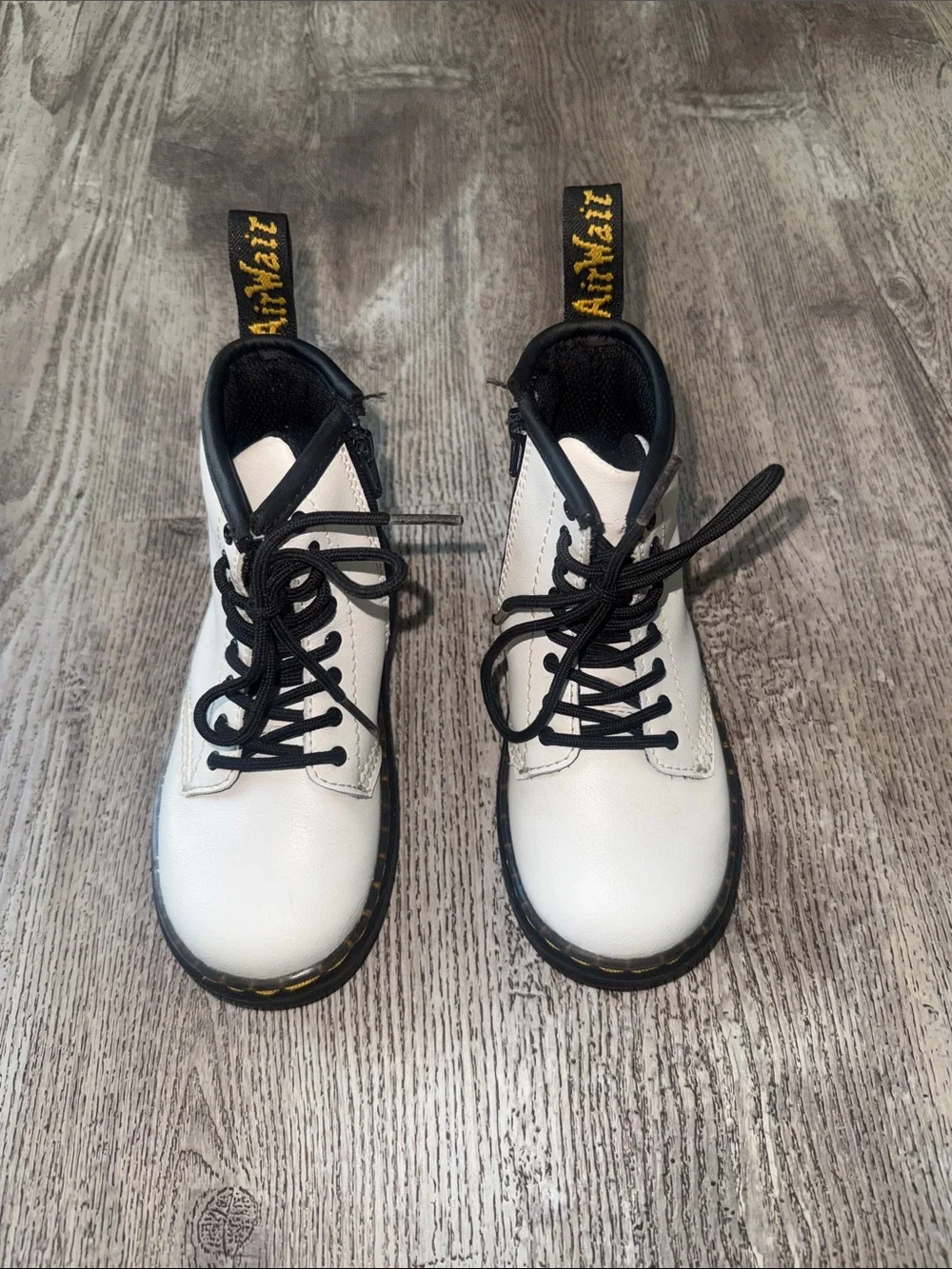 Dr. Martens White Boots with Black Trim and Yellow Stitching